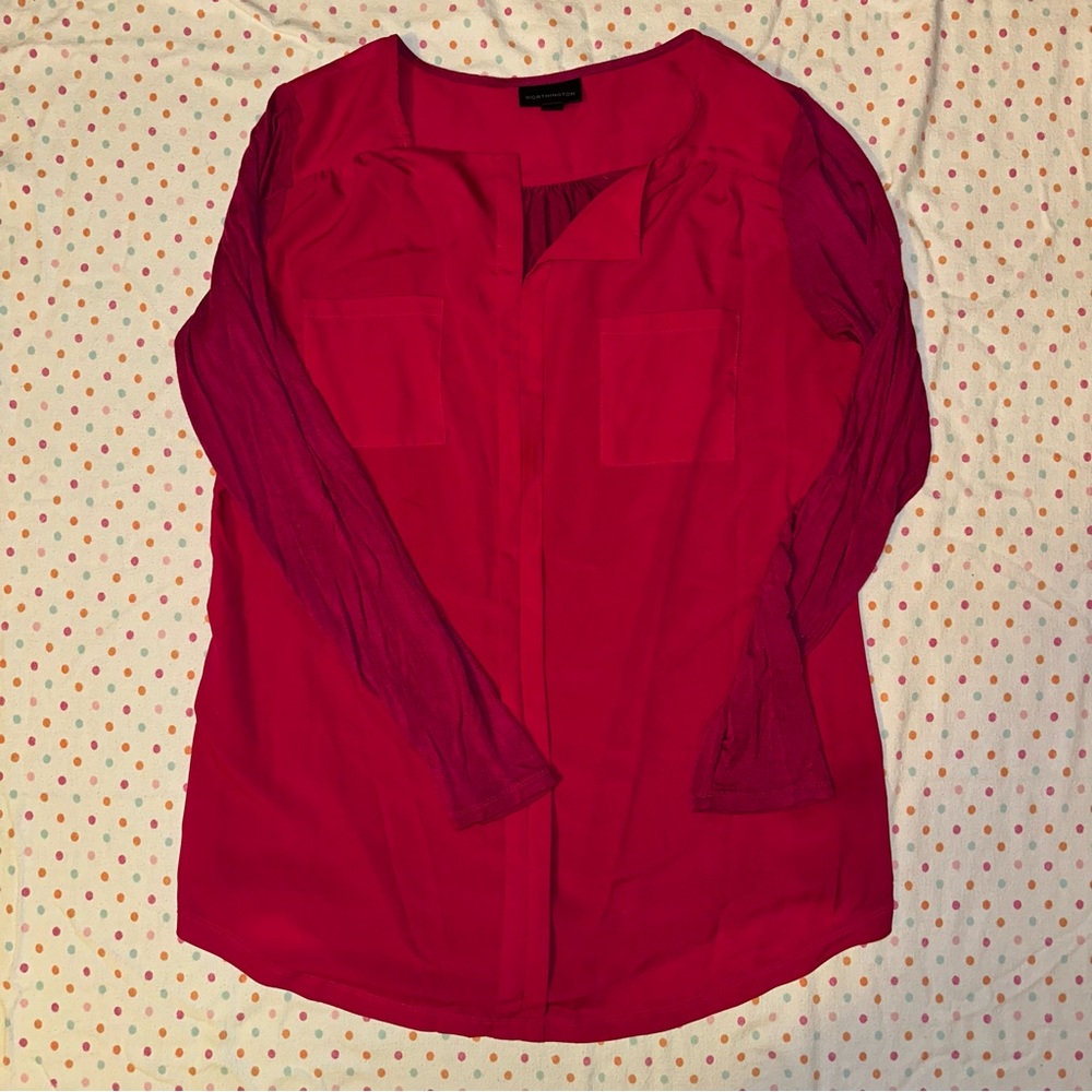 Worthington Hot Pink Blouse XL - Long Sleeve, Stretch Back, & Pockets